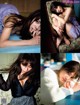 A collage of four pictures of a woman laying on a couch.