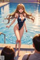 A woman in a bathing suit standing next to a swimming pool.