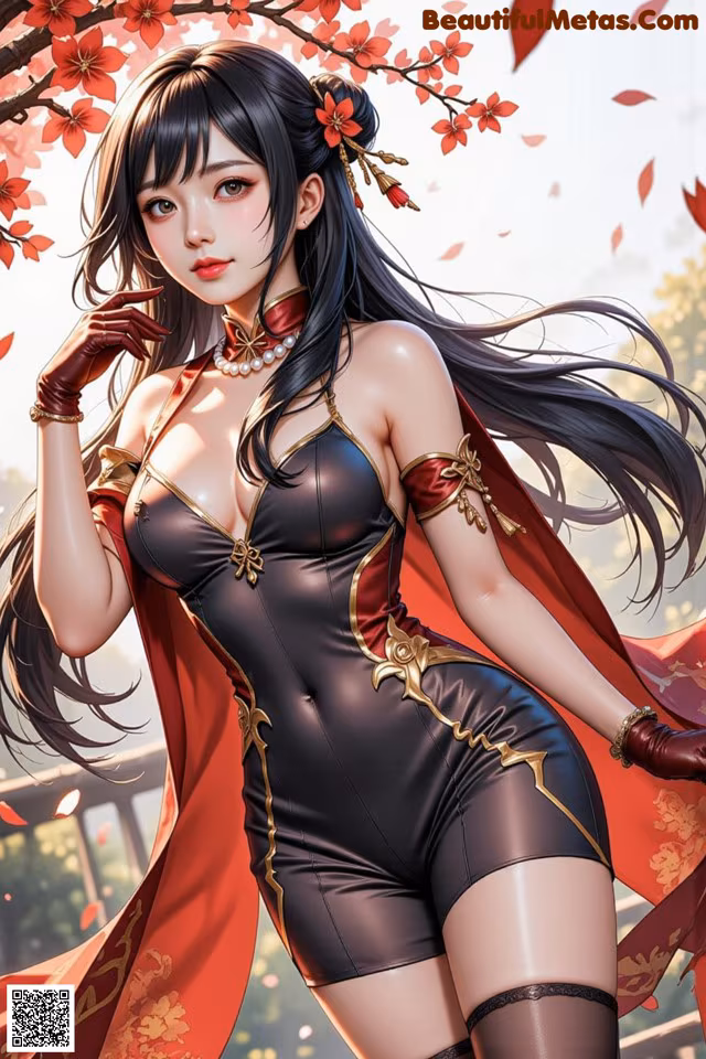 A woman in a black and red outfit with a red cape.