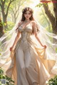 A woman in a wedding dress standing in a forest.