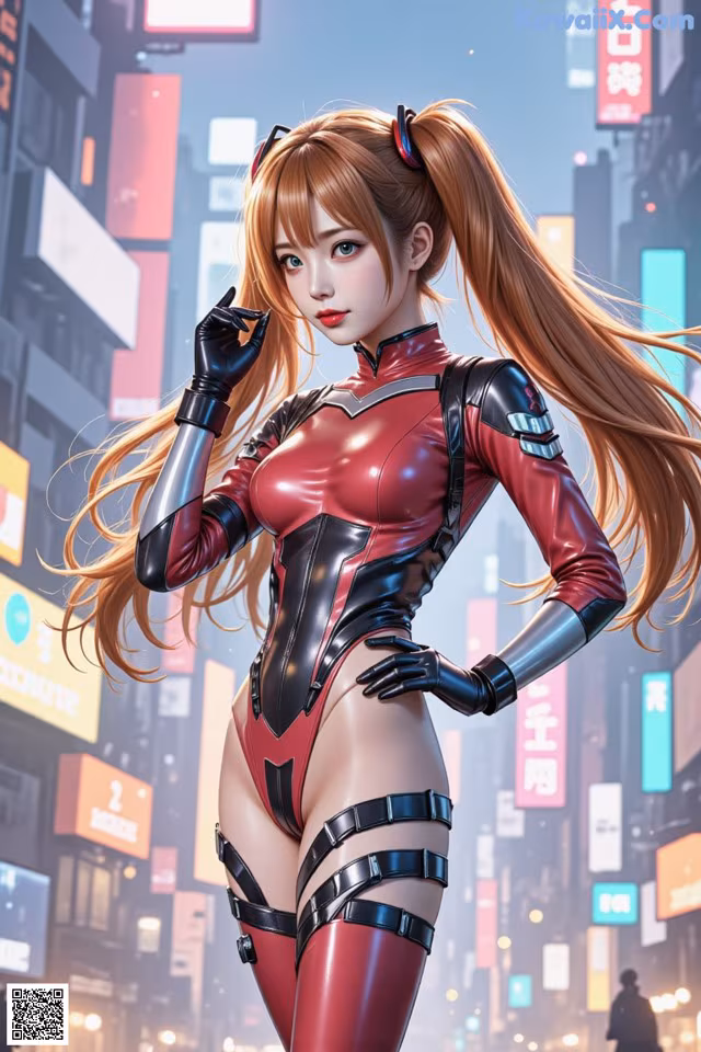 A woman in a red and black outfit standing in the middle of a city.