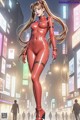 A woman in a red latex outfit standing in the middle of a city.